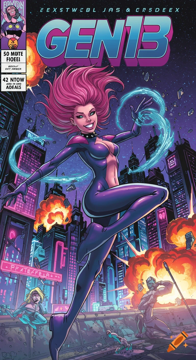 A dynamic comic book cover features a pink-haired superhero in a purple suit, mid-air with glowing blue energy around her hands, against a futuristic city skyline with explosions.