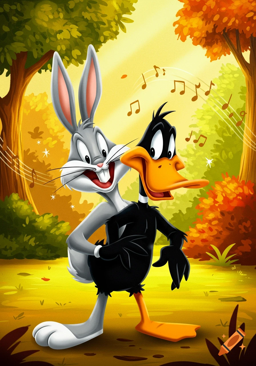 Bugs Bunny and Daffy Duck are conjoined in a cartoon style, standing in a sunny forest with musical notes.
