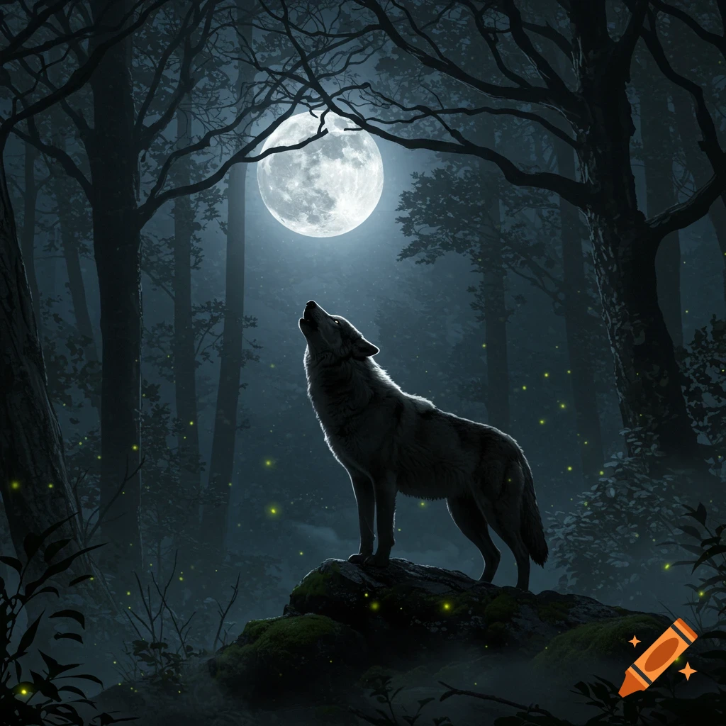 A lone wolf howls at a bright full moon in a dark, mystical forest with glowing fireflies on the ground.