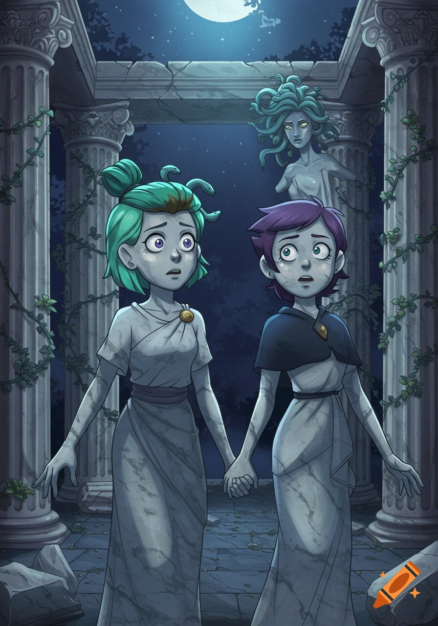 Luz and Amity, depicted as stone statues, hold hands in ancient ruins under a full moon, with a Medusa statue in the background.