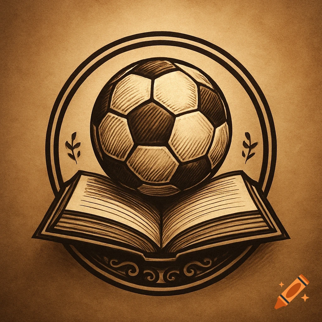 Sepia-toned digital art logo featuring a soccer ball resting on an open book within a circular frame with decorative elements.