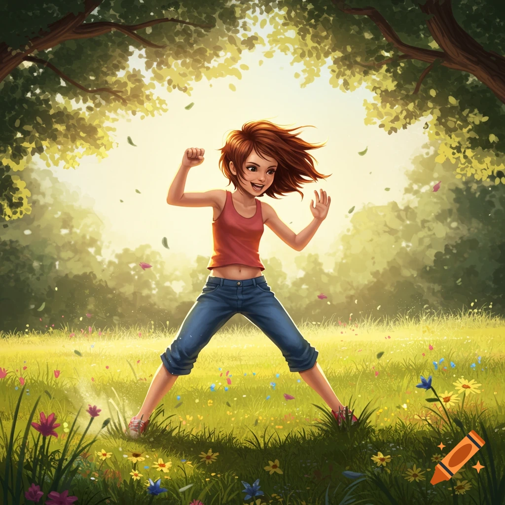 A cartoon girl with red hair strikes a pose in a sunlit meadow with trees and colorful flowers.