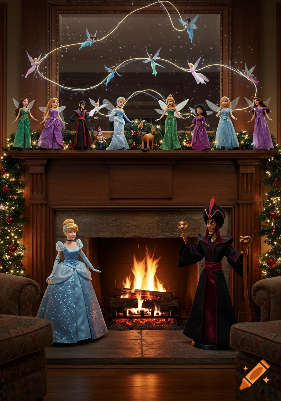 Disney character dolls and glowing fairies adorn a Christmas-decorated living room fireplace.