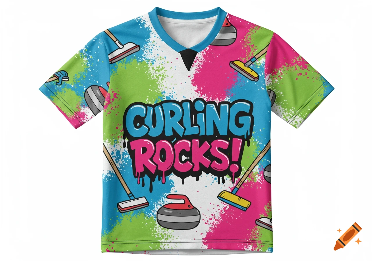 A colorful curling-themed jersey with 'CURLING ROCKS!' in graffiti style, featuring curling stones and brooms.