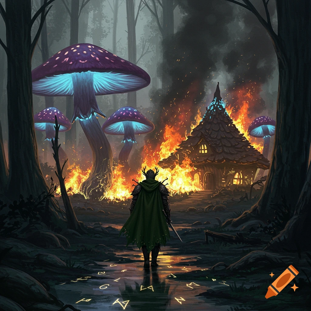 A knight in a green cape walks away from a burning mushroom village in a dark, magical forest with glowing mushrooms and runes.