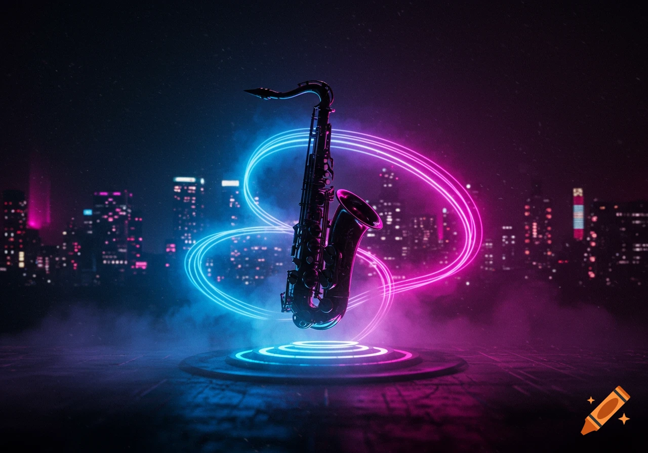 A saxophone glowing with blue and pink neon light on a platform, with a blurry cyberpunk city skyline in the background.