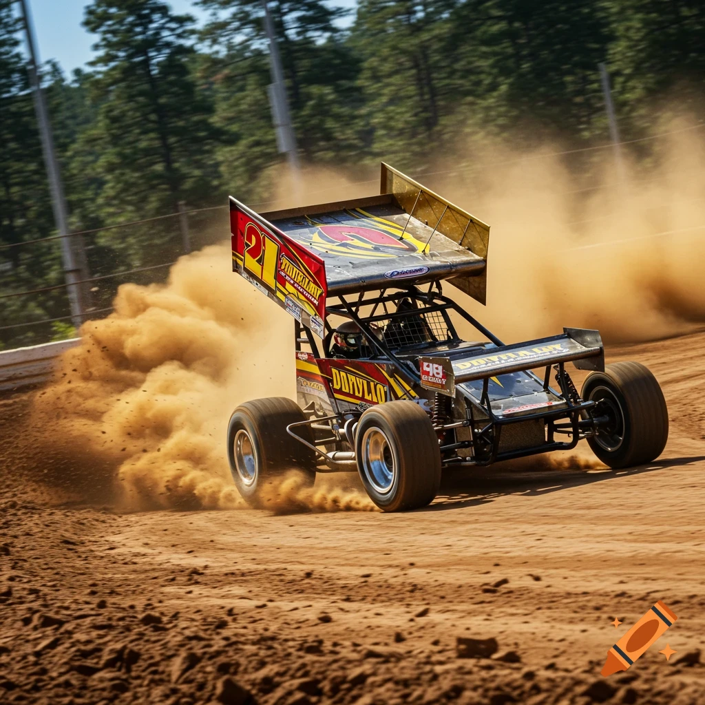 A sprint car races around a dirt track, kicking up a large cloud of dust behind it under a bright blue sky.