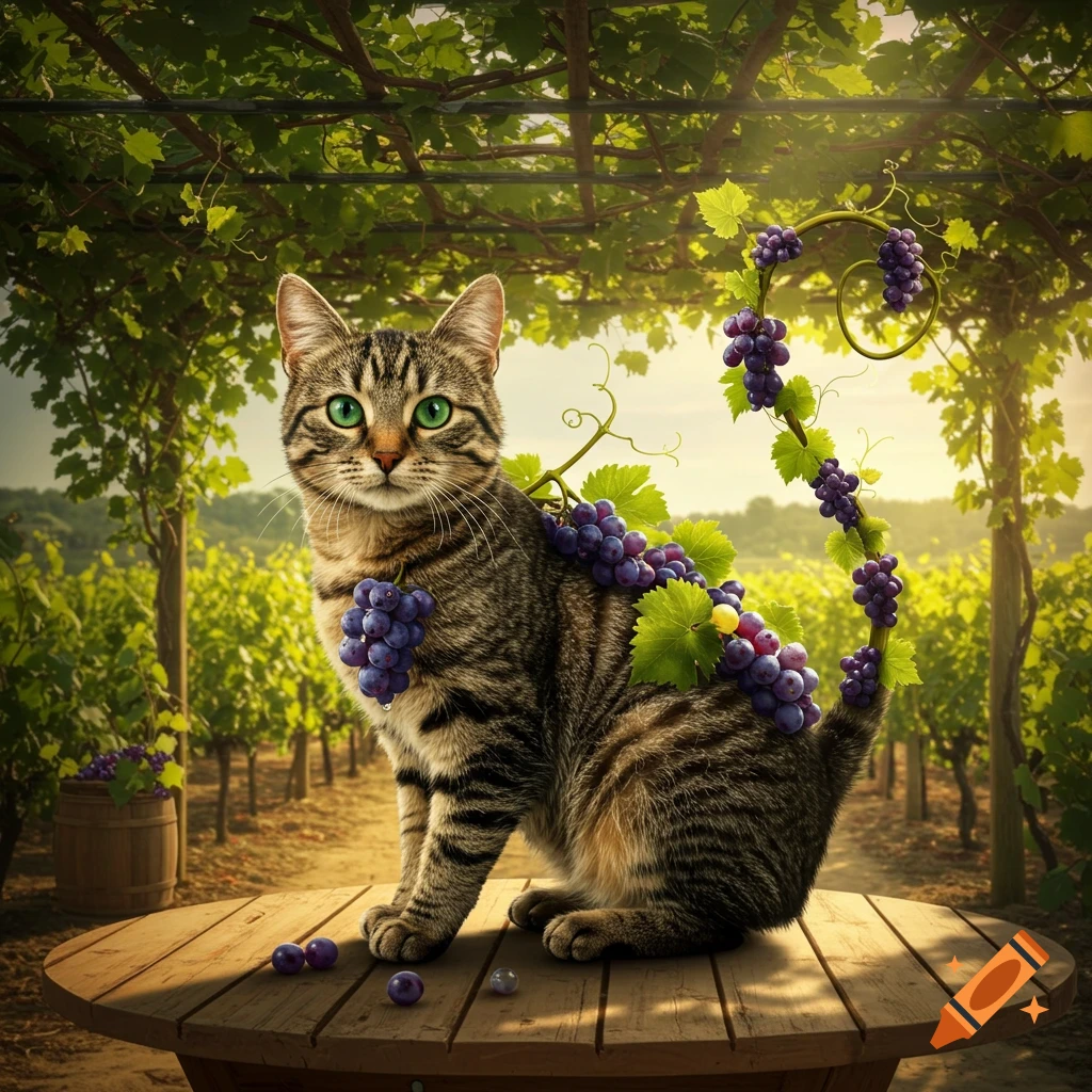 A photorealistic image of a tabby cat with green eyes sitting on a wooden table in a sunny vineyard, adorned with purple grapes.