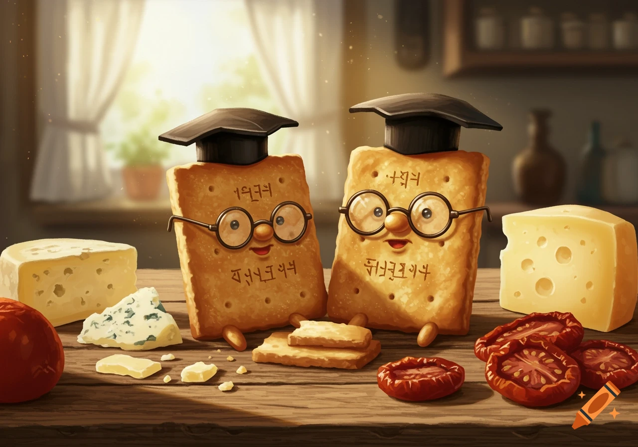 Two anthropomorphic crackers wearing graduation caps and glasses sit on a wooden table with cheese and dried tomatoes in a sunny kitchen.
