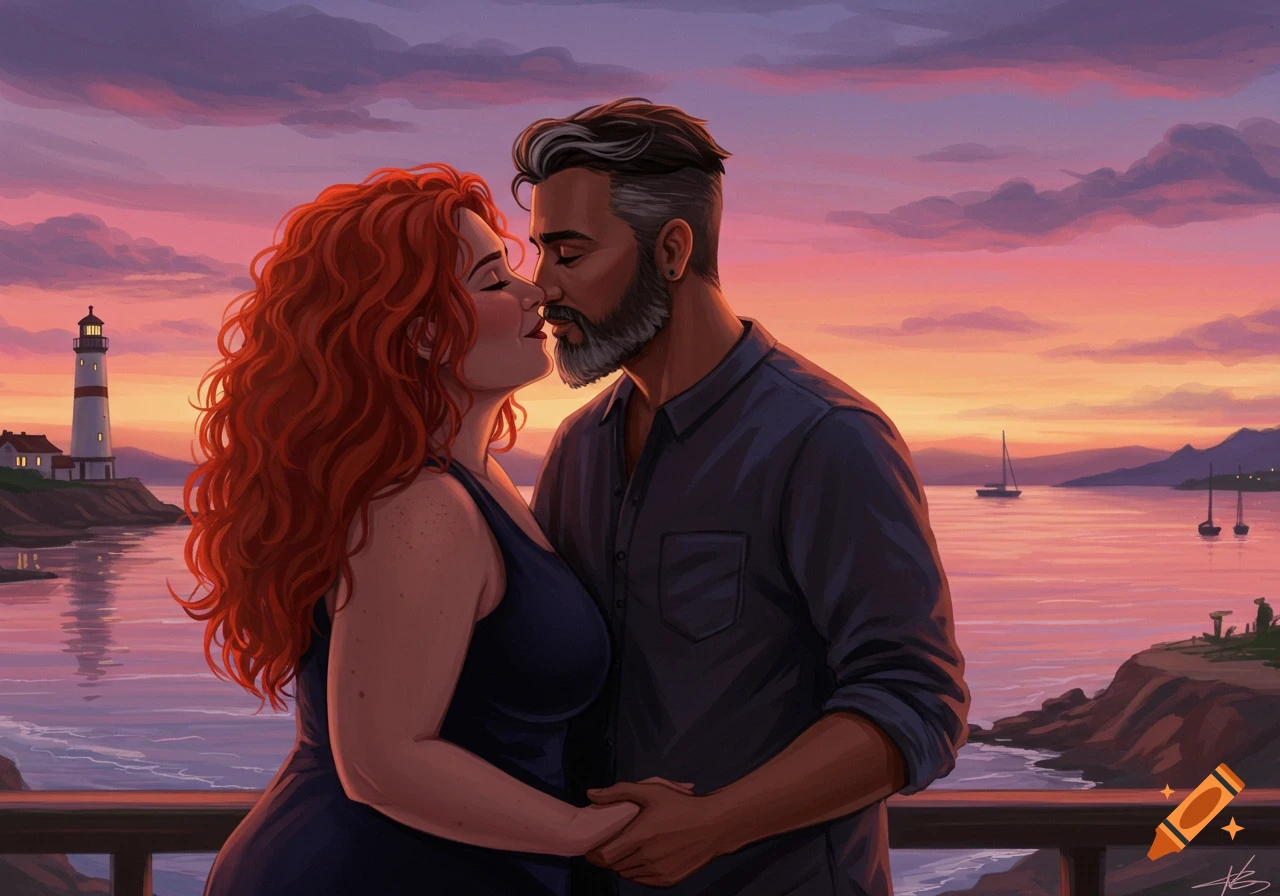 An illustrated couple with red hair and a beard kissing on a balcony overlooking the ocean at sunset with a lighthouse.