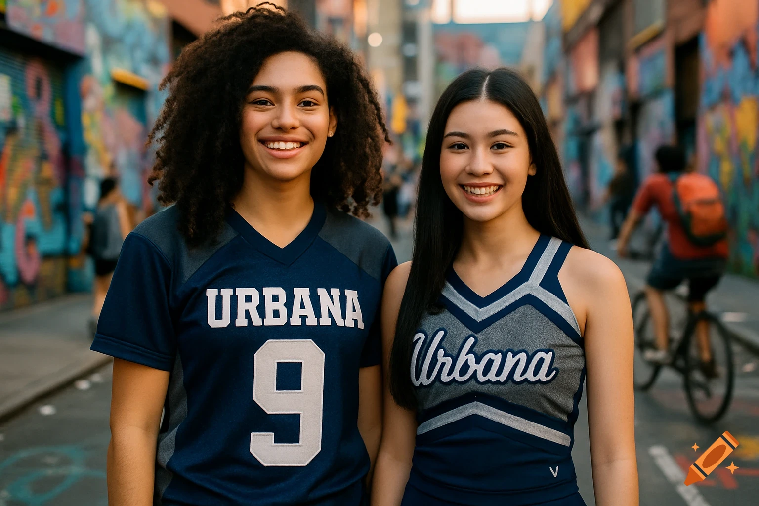 Two smiling girls in sports uniforms, one in a football jersey and one in a cheer uniform, stand in an urban alley with graffiti.