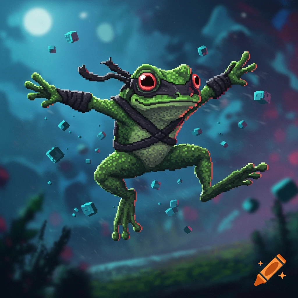 A pixel art ninja frog with red eyes and a black mask leaps through a dark, cloudy sky with floating blue cubes.