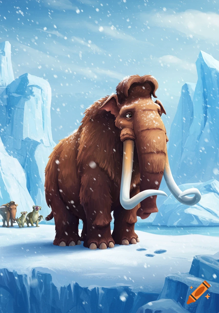 A large woolly mammoth stands in a snowy, icy landscape with smaller mammoths and a sloth behind, in a cartoon style.
