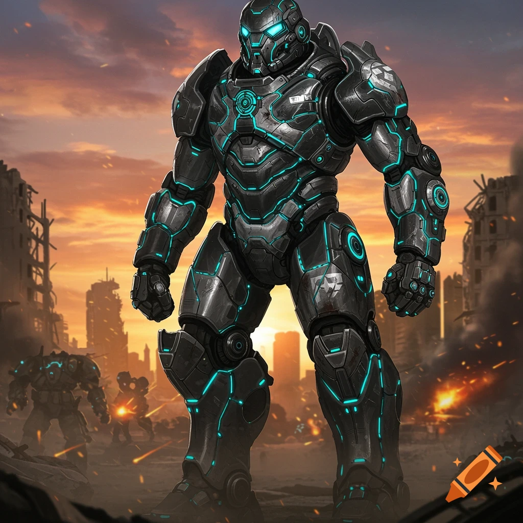 A formidable dark metallic power armor suit with glowing teal accents stands in a ruined city with explosions at sunset.