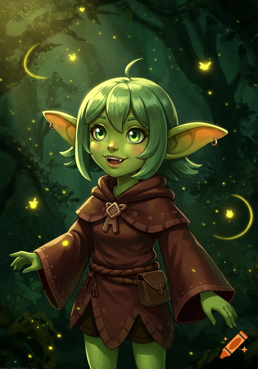 A stylized anime illustration of a green-skinned goblin girl in a brown cloak, smiling in a magical forest with glowing fireflies.