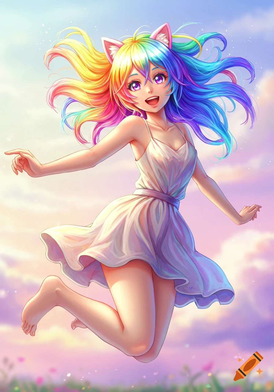 Vibrant anime girl with rainbow hair and cat ears jumping happily in a white dress against a dreamy sky.