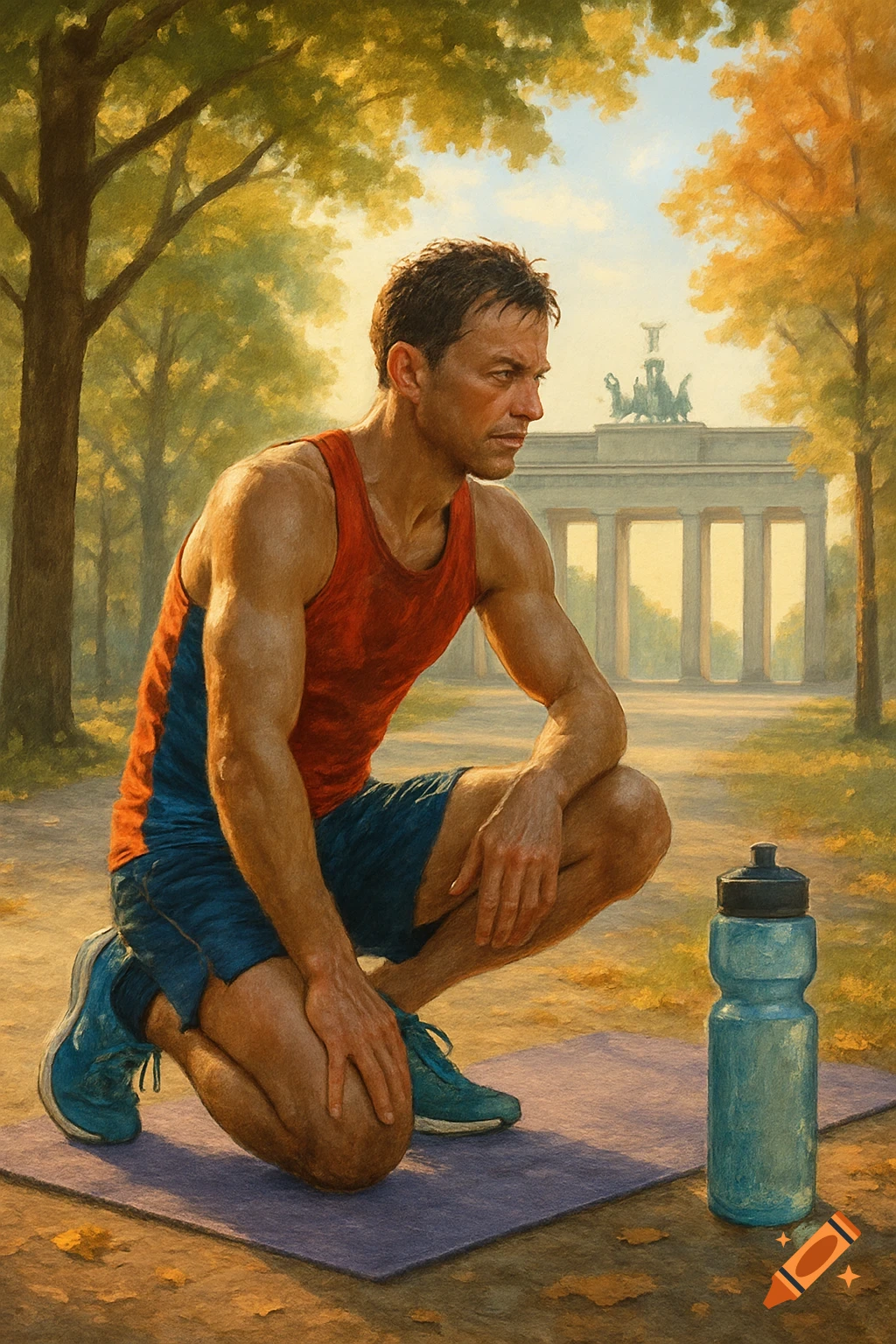 A male athlete in a red tank top and blue shorts squats on a mat in a park with autumn trees and a classical monument in the background, in a painting style.
