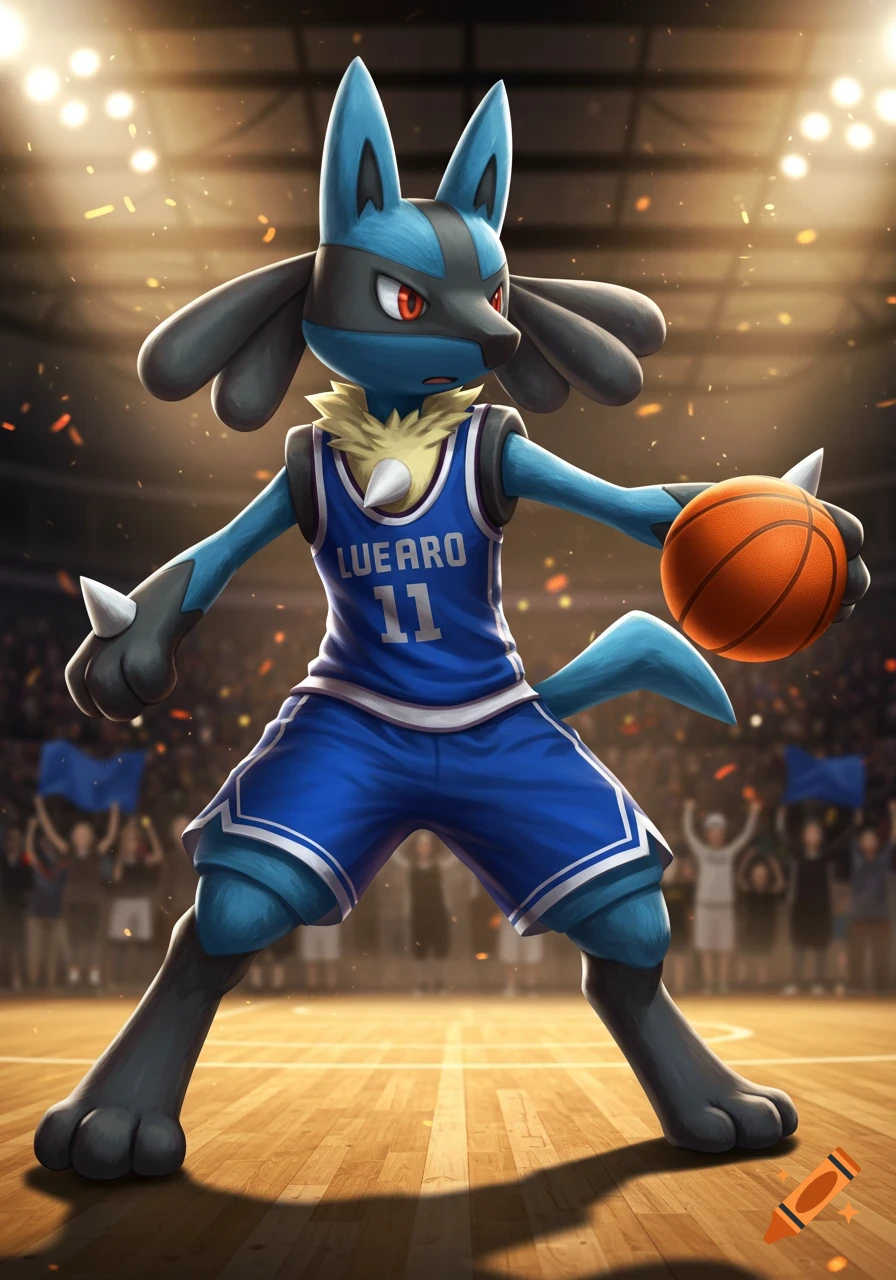 Lucario in a blue basketball jersey holding a basketball on a court during a game.