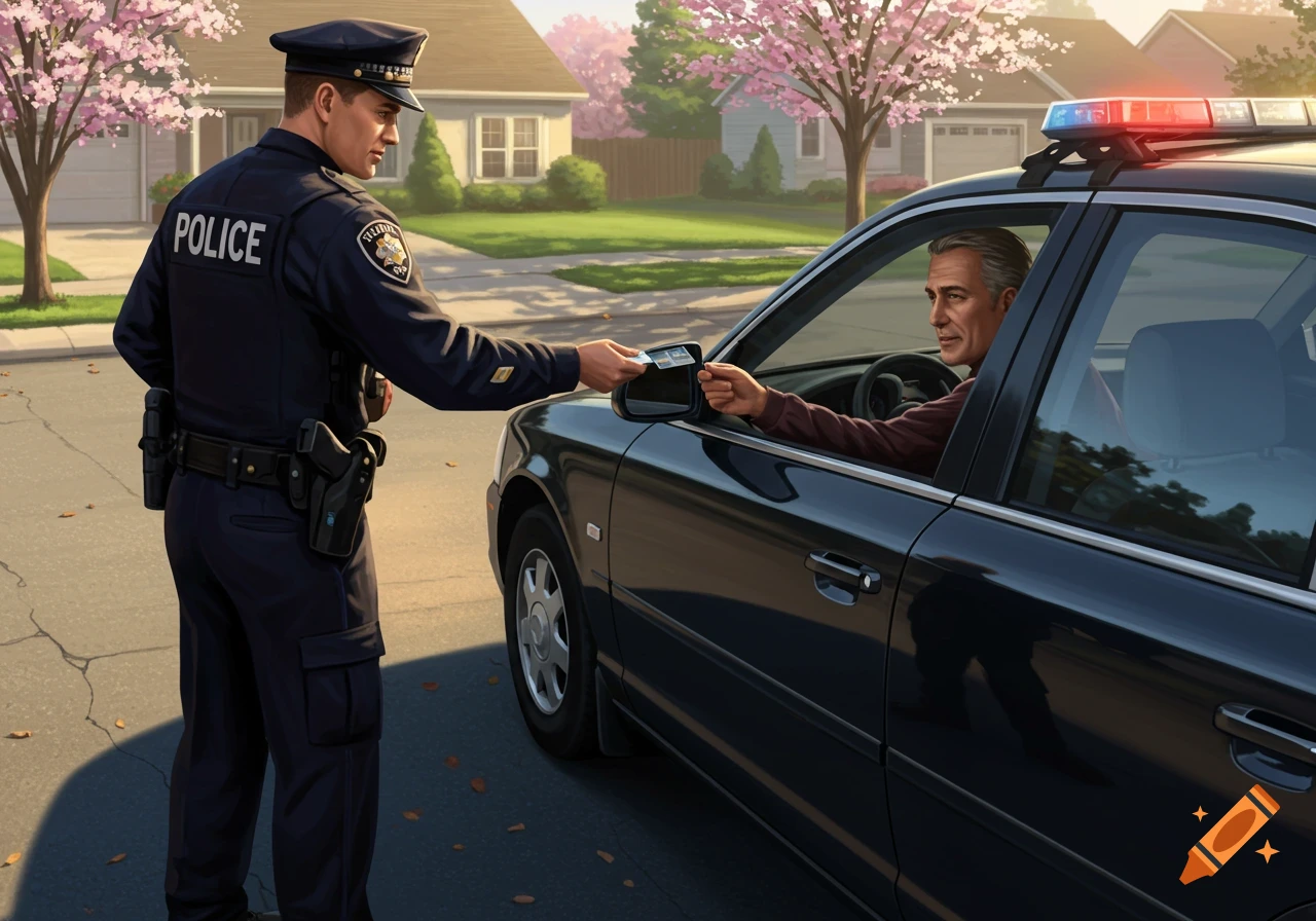 A police officer in uniform exchanges documents with a man sitting in a black car during a traffic stop on a suburban street.
