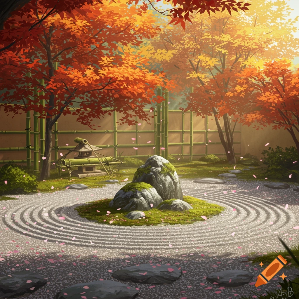 A vibrant Japanese zen garden in autumn with red and orange maple trees, raked gravel paths around mossy rocks, and falling pink petals.