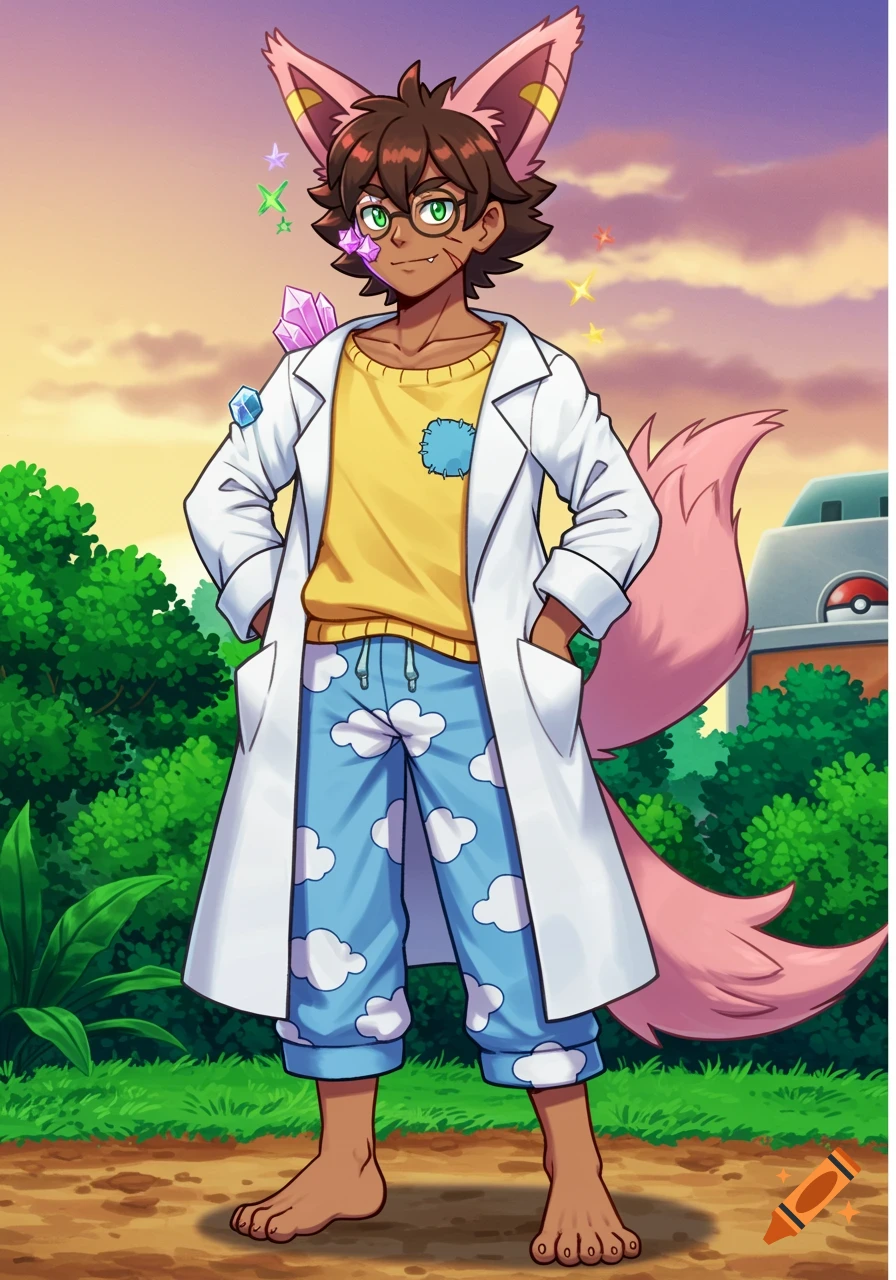 An anime-style male Pokémon trainer with fox ears and tail, wearing a lab coat and cloud pajamas, stands barefoot at sunset.