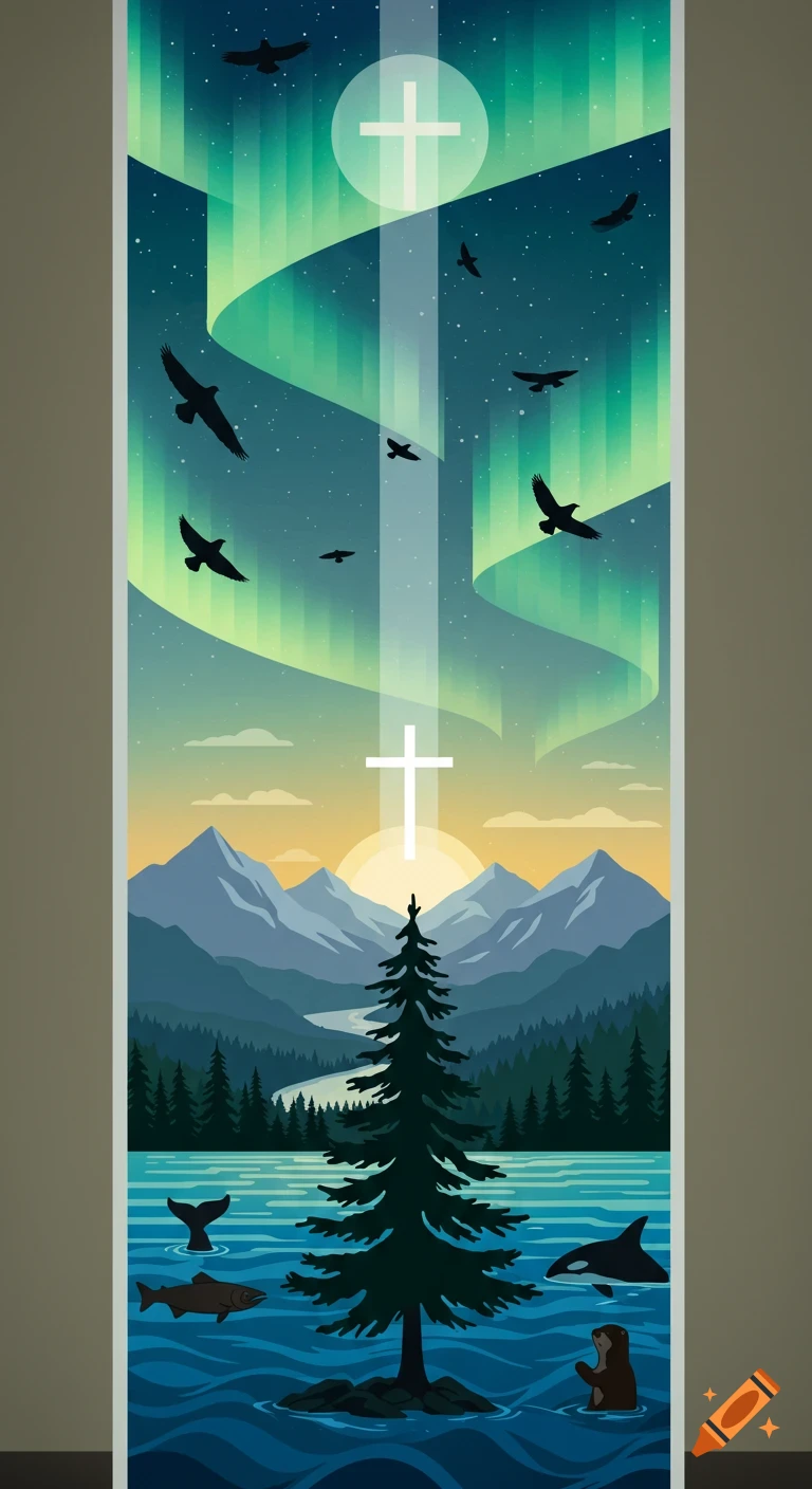 A stylized vertical mural features an Alaskan landscape with mountains, a lake, a spruce tree at sunrise, aurora borealis, and flying birds, illuminated by two white crosses of light.