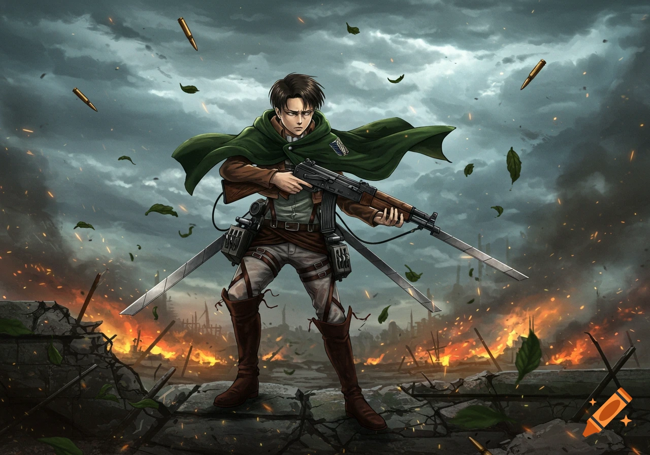 A male anime character with a green cape and rifle stands in a fiery, war-torn landscape with debris and flying leaves.