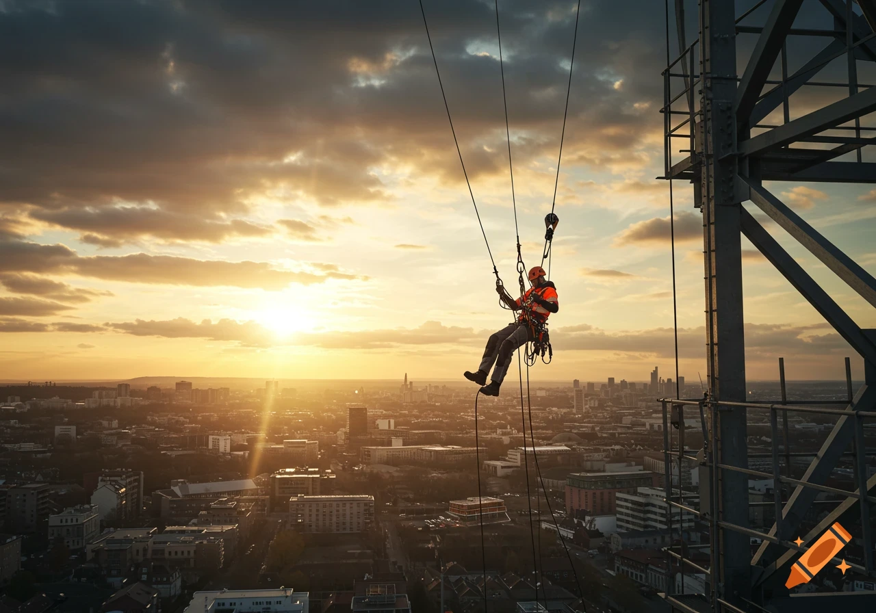 A worker rappels down the side of a tall structure against a cityscape at sunset.