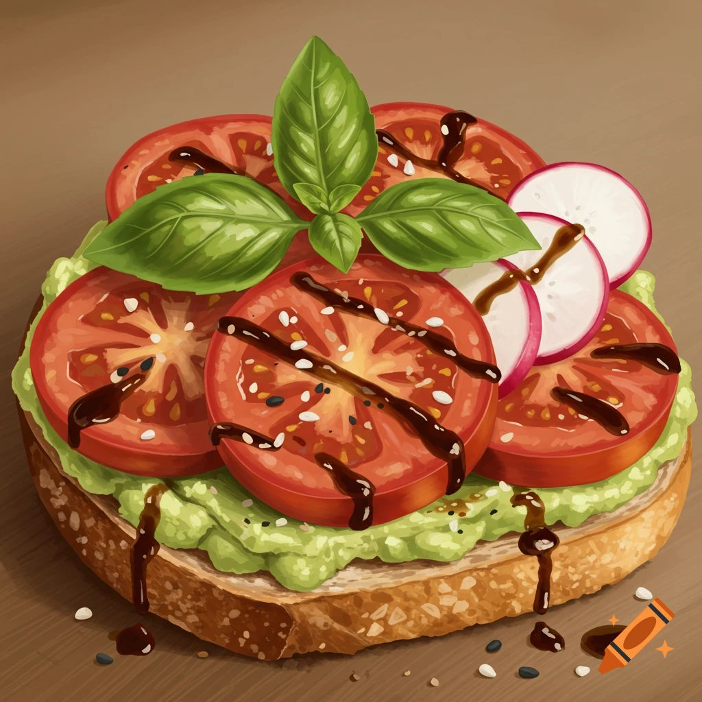 Illustrative close-up of avocado toast with sliced tomatoes, basil, radish, and balsamic glaze.