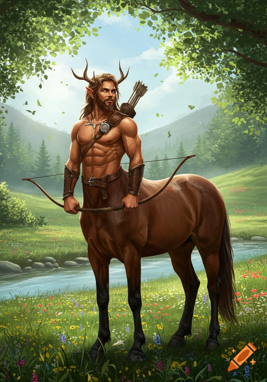 A male centaur with antlers, holding a bow and arrows, stands in a lush meadow by a river in a digital art style.
