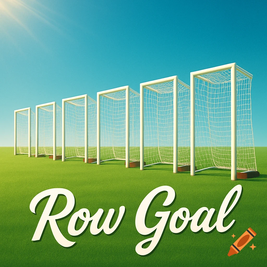 Row of white soccer goal posts on a green field under a blue sky, with 'Row Goal' text.