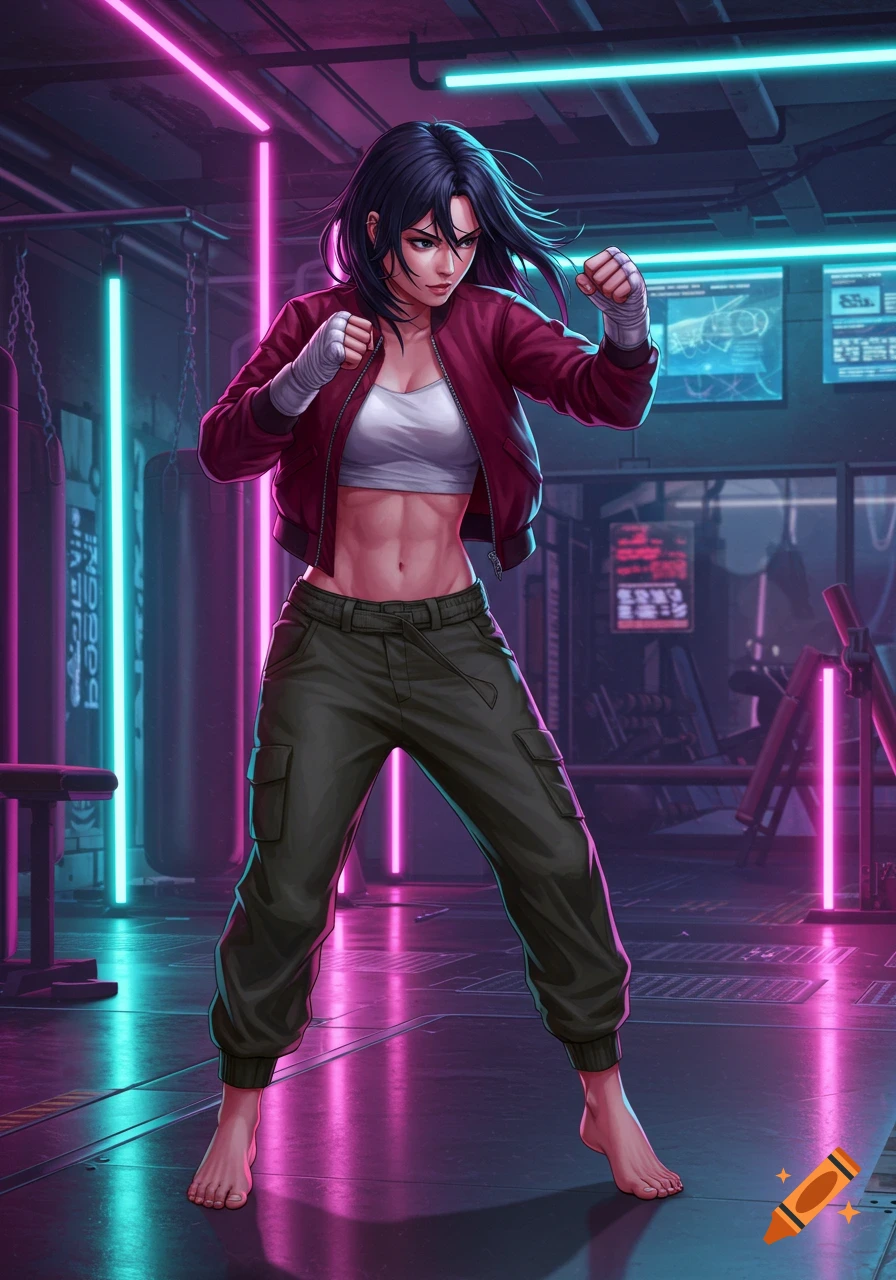 An anime girl boxer with dark hair, wearing a red jacket and crop top, stands in a neon-lit gym with her fists up.