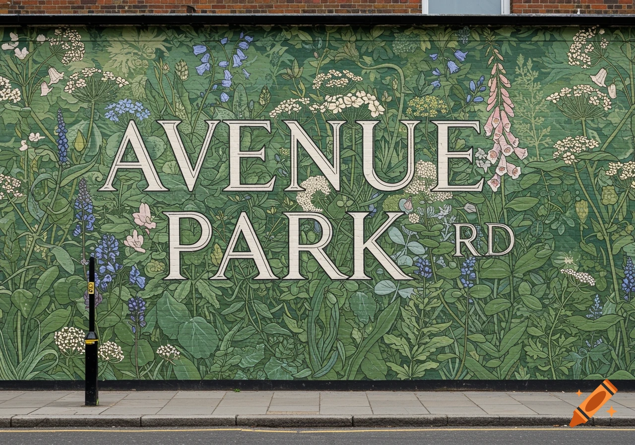A vibrant green mural on a brick wall featuring detailed botanical illustrations of plants and flowers, with the words 'AVENUE PARK RD' in the center.