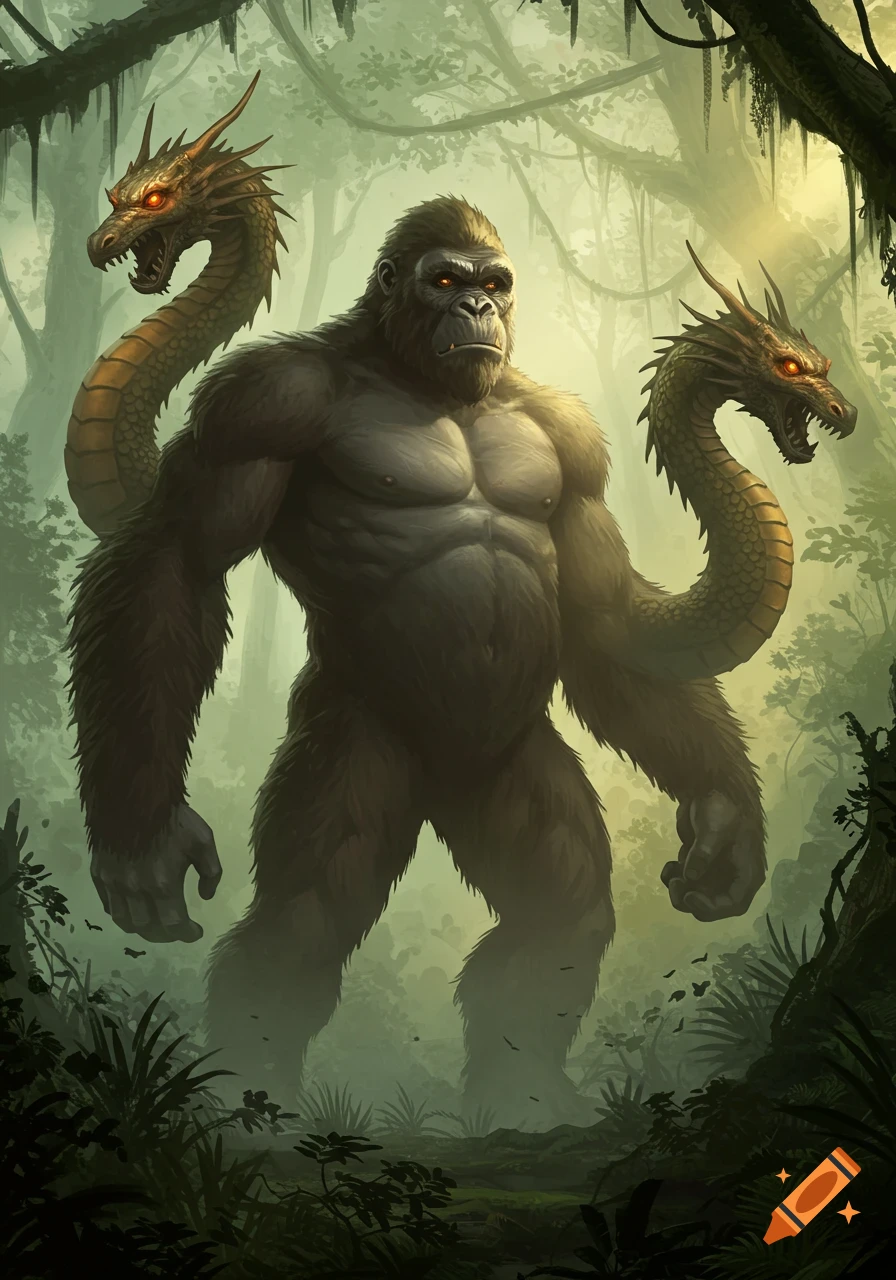 A giant muscular ape with dragon heads instead of hands stands in a misty jungle, detailed digital painting.