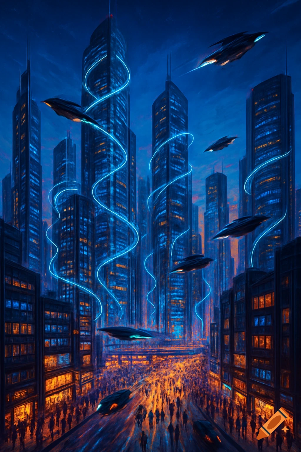 A vibrant futuristic city at dusk with towering skyscrapers, glowing blue light trails, flying vehicles, and a bustling street scene below.
