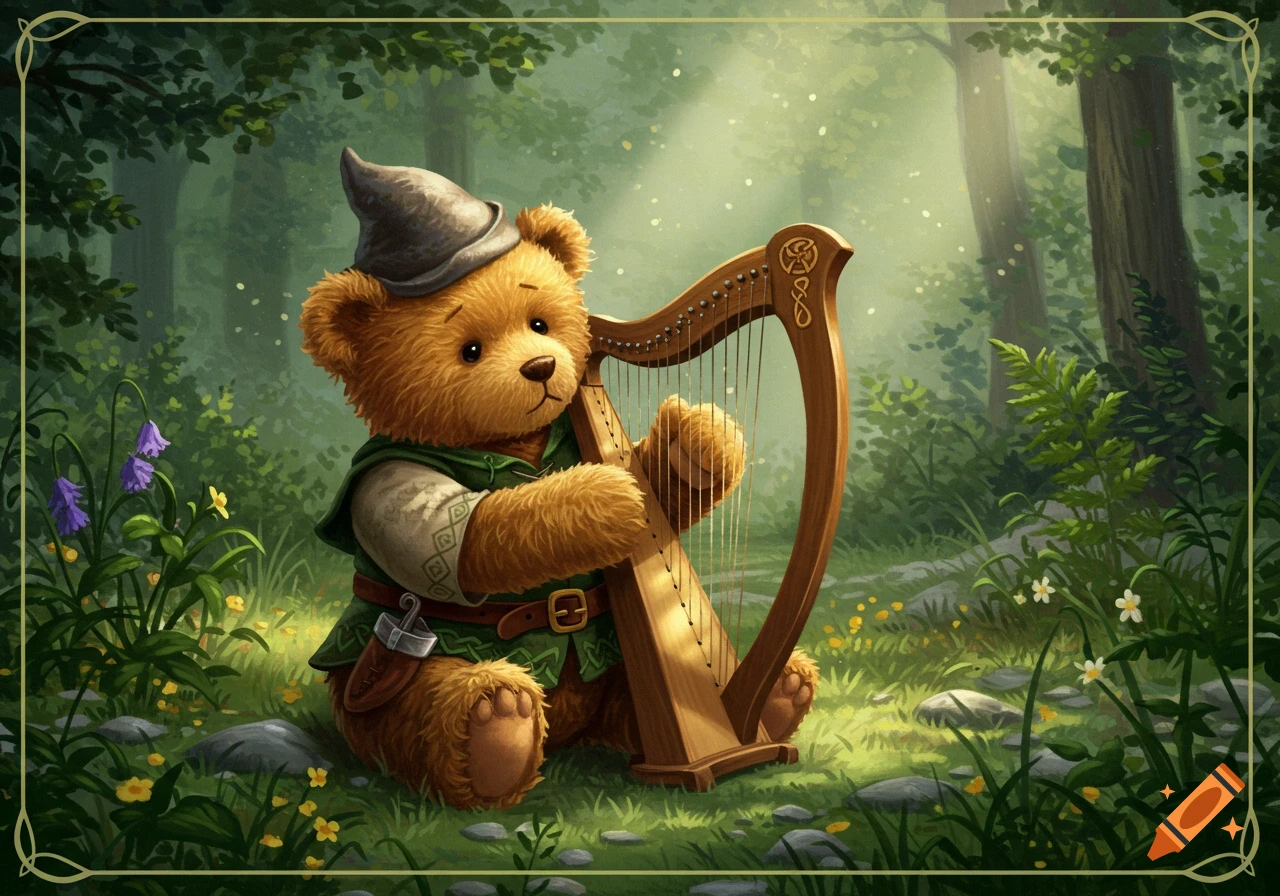 A cute teddy bear wearing a green tunic and grey hat sits in a forest, playing a wooden harp. Sunlight filters through the trees.
