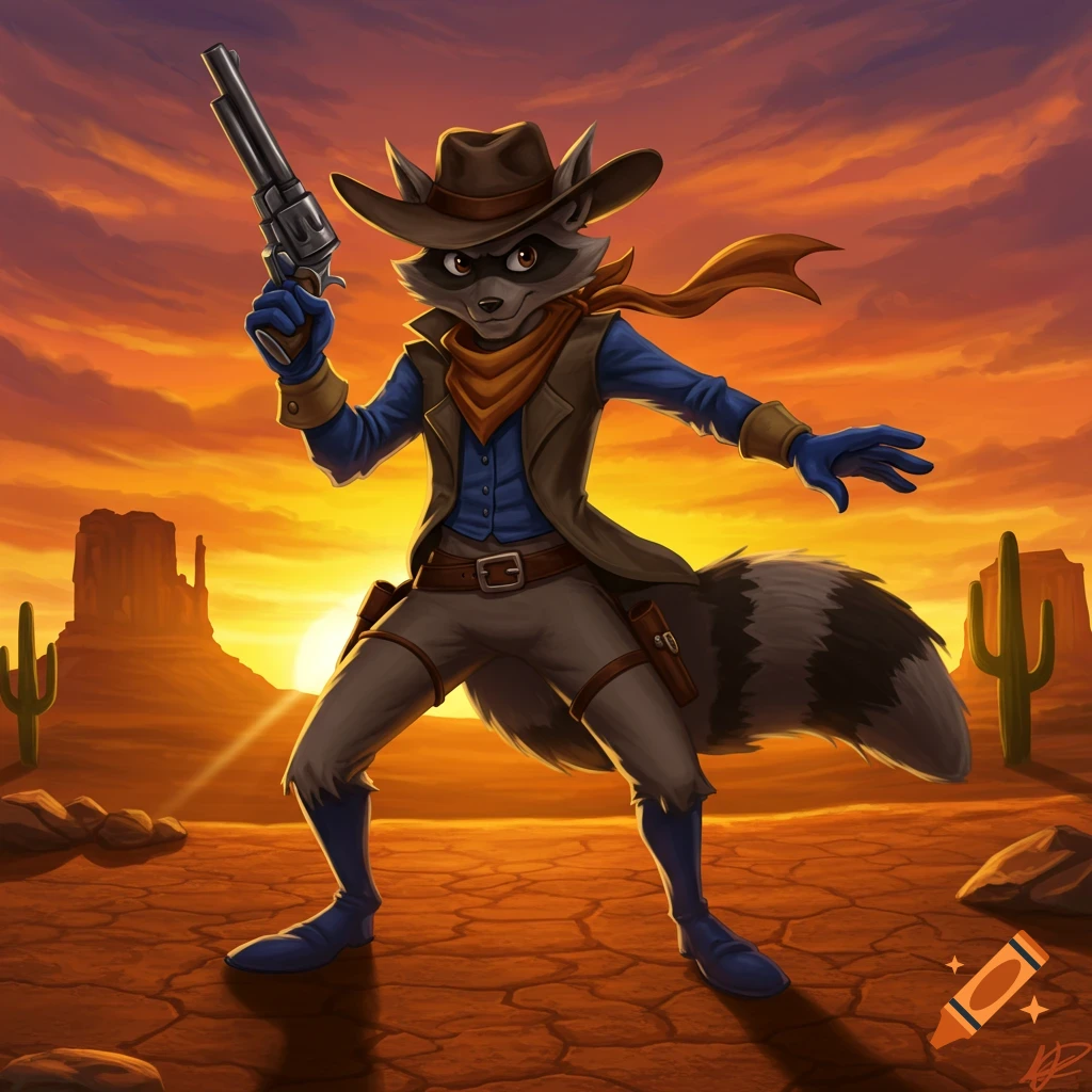 A cartoon anthropomorphic raccoon cowboy, Tennessee Kid Cooper, holds a revolver in a vibrant desert sunset.