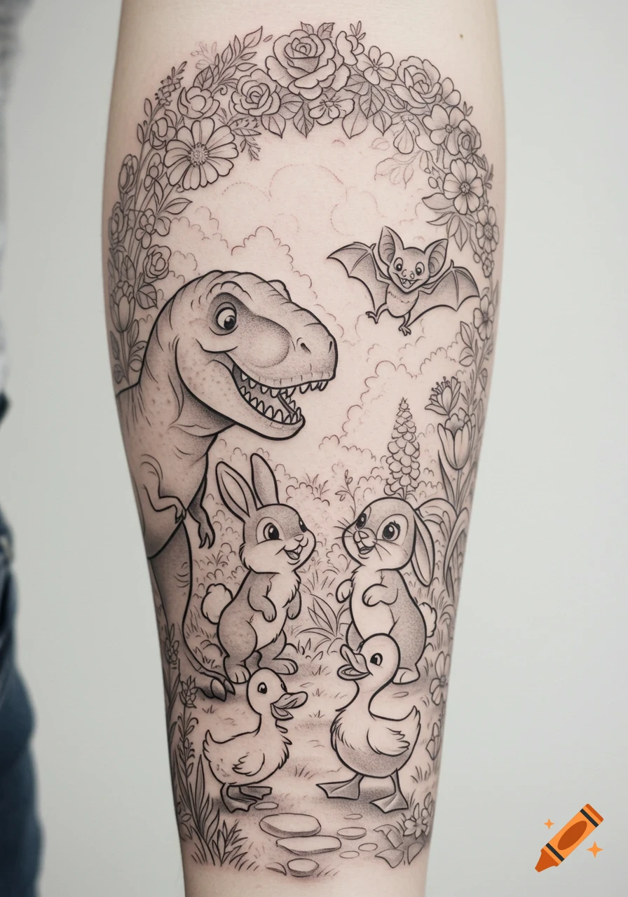 A black and grey tattoo design of a smiling T-Rex, two bunnies, a bat, and two ducklings in a whimsical garden with a floral frame.