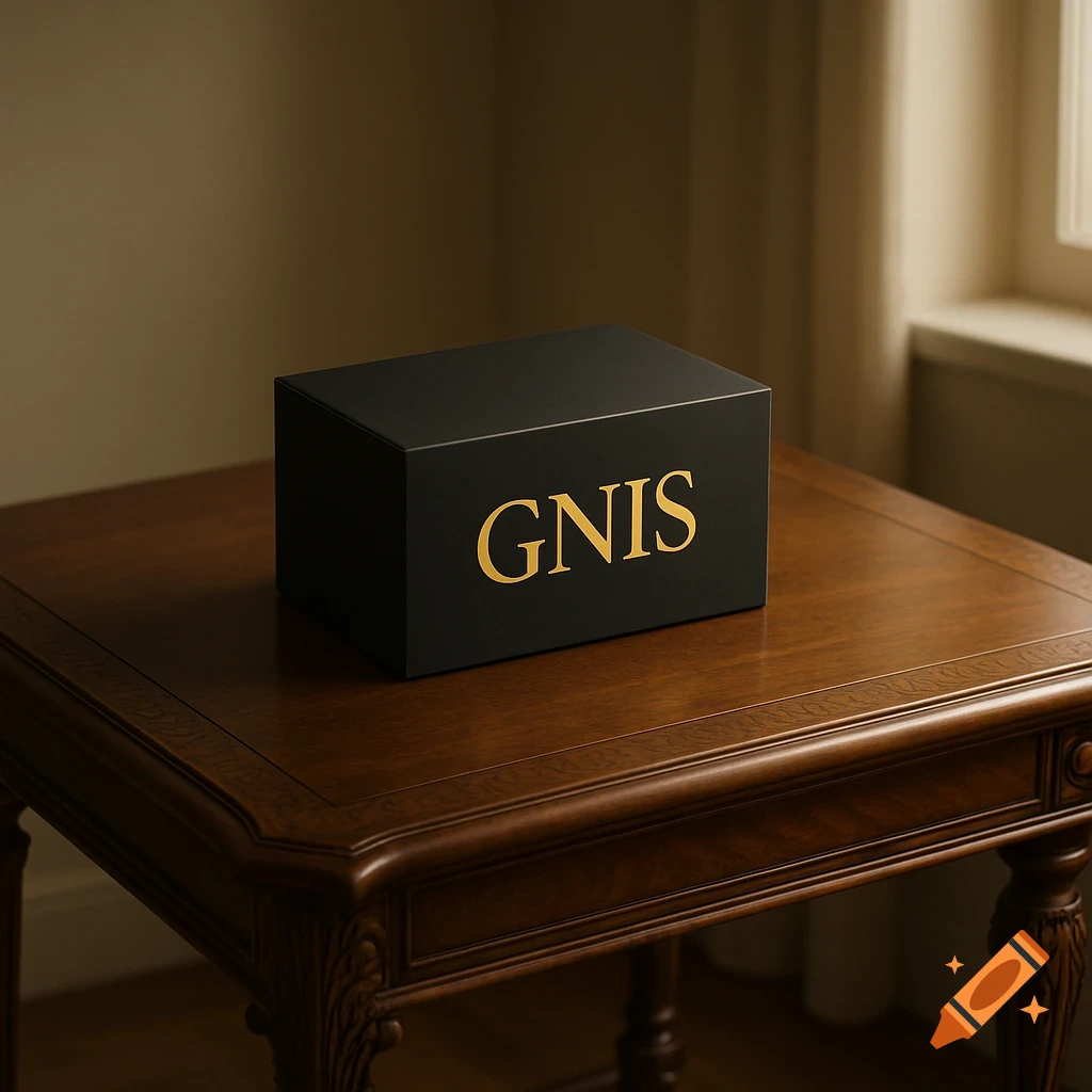 A black box with golden letters 'GNIS' on it sits on a wooden table in a dimly lit room.
