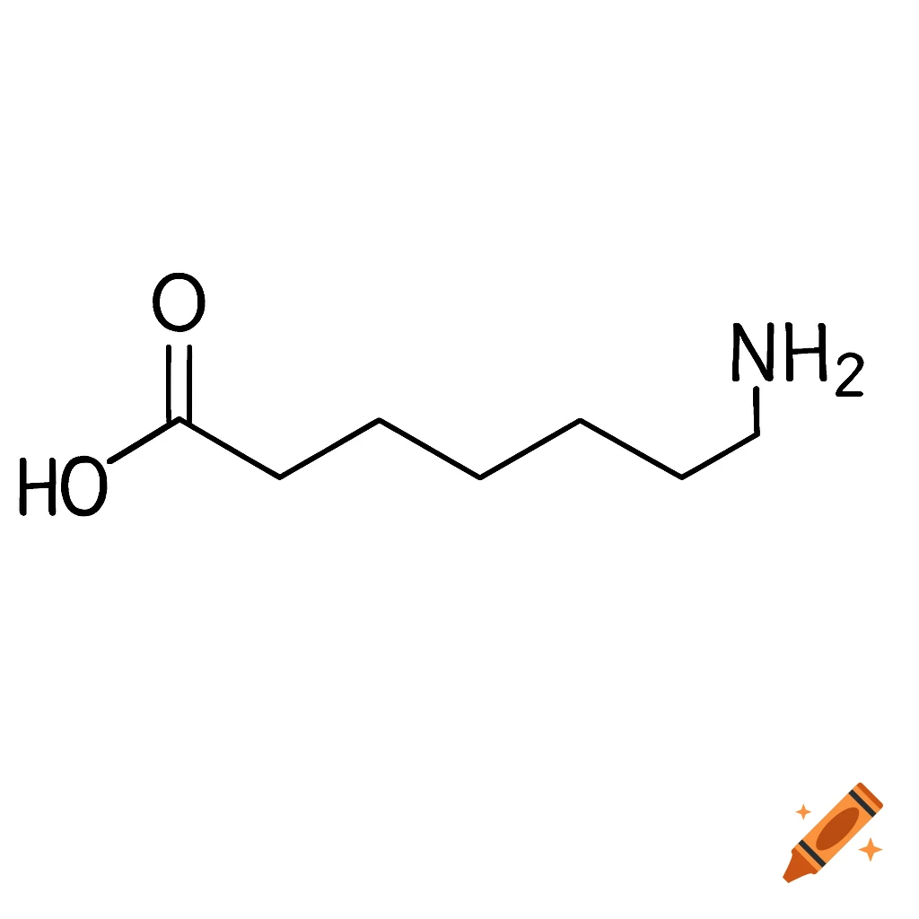 A skeletal chemical structure of a molecule with a carboxylic acid group on the left and an amine group on the right, connected by a zigzag carbon chain.