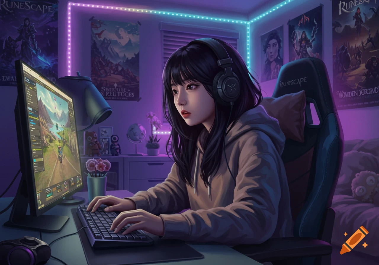 A young woman with black hair and headphones playing RuneScape on a computer in a purple-lit room.