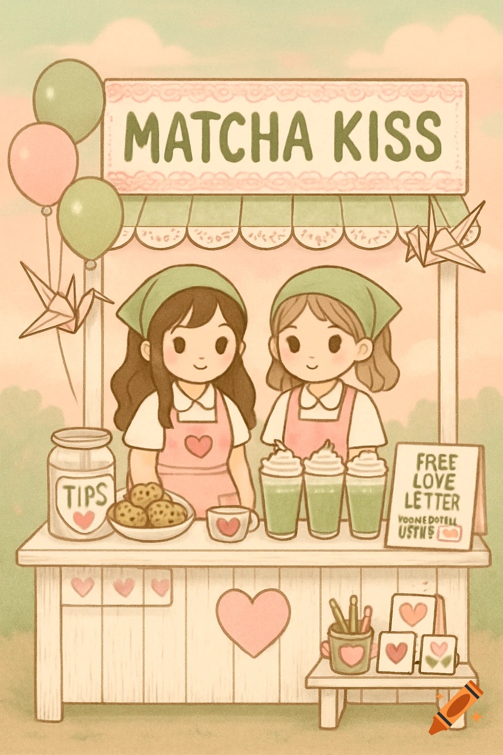 A whimsical illustration of a "Matcha Kiss" stand with two cute girls in pink aprons. The stand features matcha drinks, cookies, a tip jar, and origami decorations, all in a soft, dreamy style.