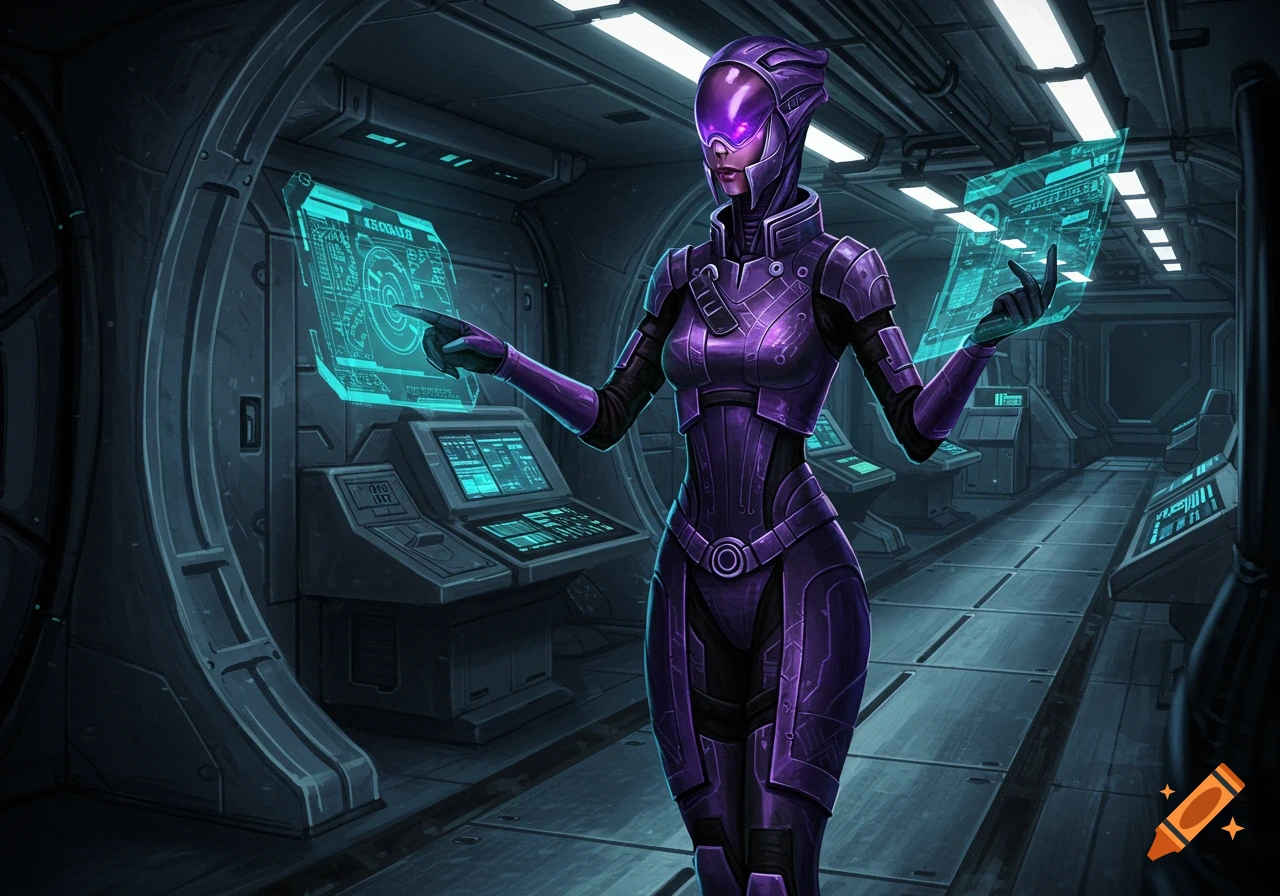 A purple-armored futuristic alien character, likely Tali'Zorah from Mass Effect, interacts with glowing holographic screens in a dark spaceship corridor.