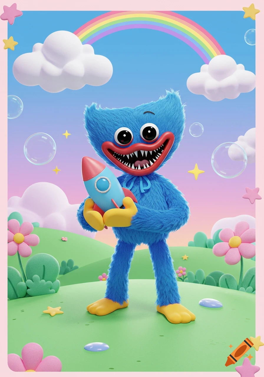 A cute blue furry Huggy Wuggy character with a wide grin holds a rocket in a bright, whimsical cartoon landscape with a rainbow and flowers.
