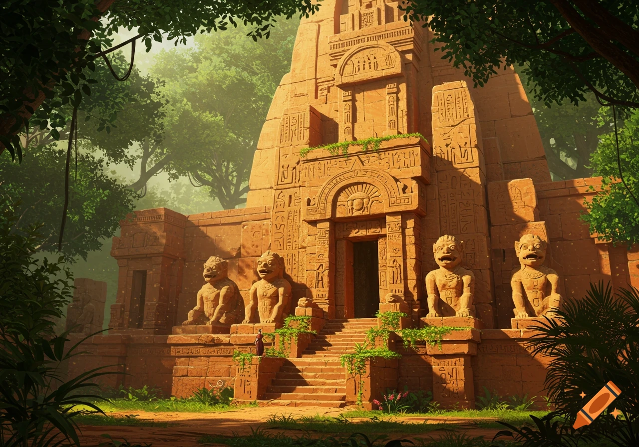 An ancient stone temple with intricate carvings and statues sits within a lush, sun-drenched jungle.