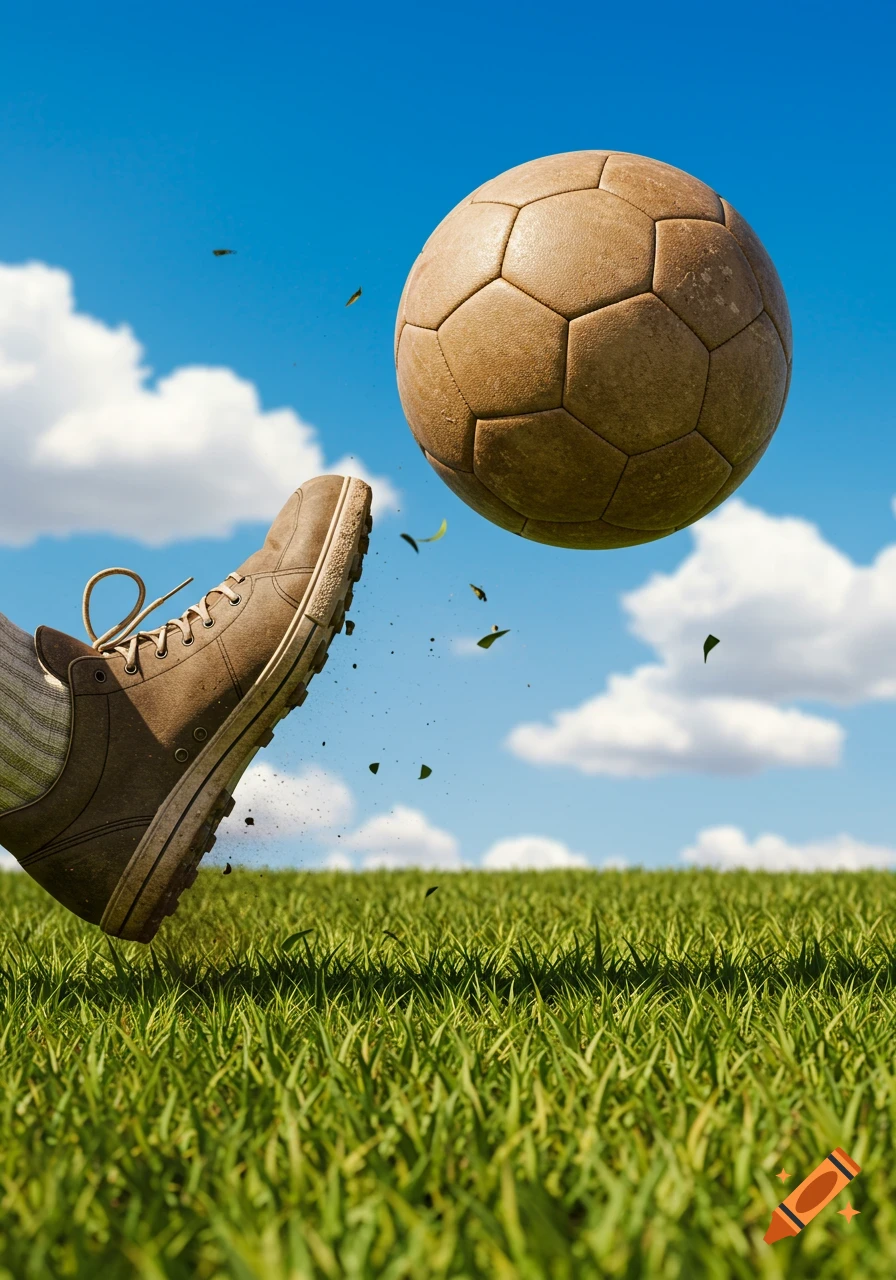 A brown shoe kicks an old soccer ball into a bright blue sky over a green grass field, photorealistic.