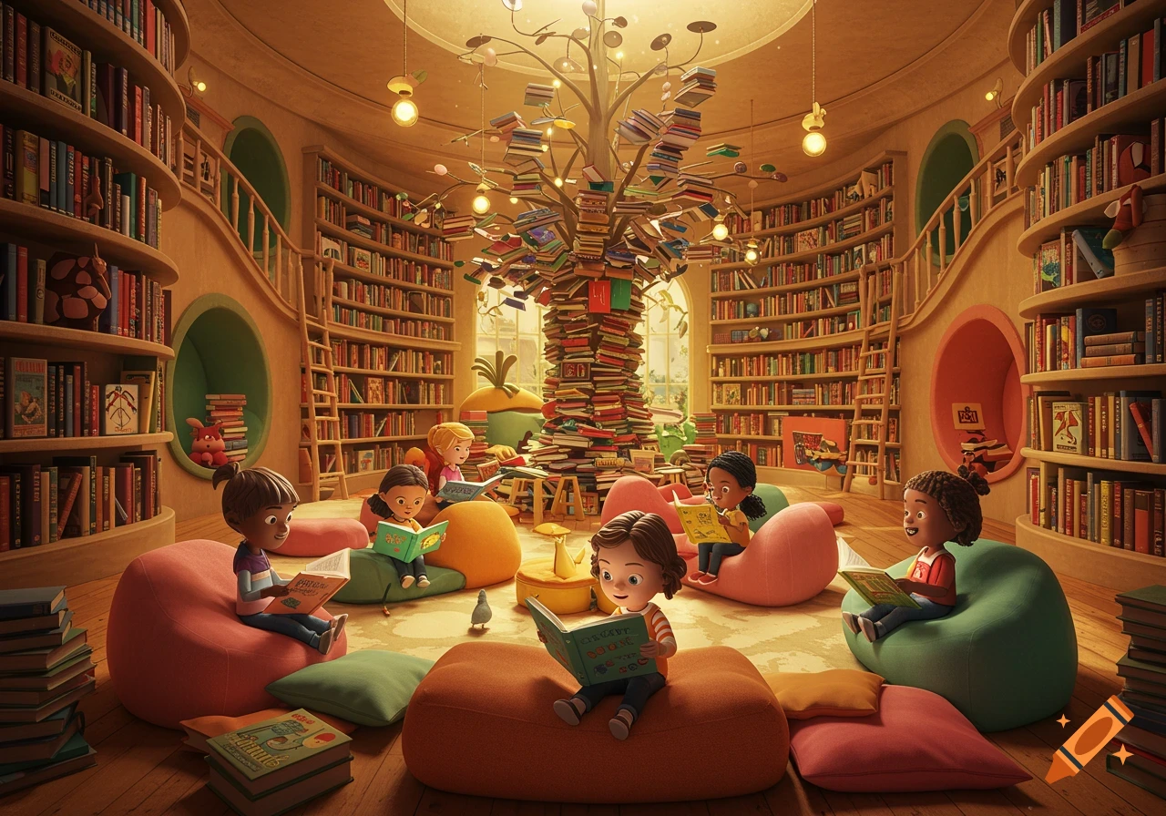 Cartoon children sitting on bean bags reading books in a whimsical library with a towering tree of books.
