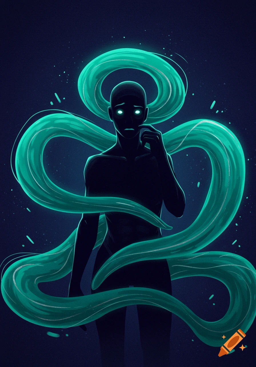 A dark, stylized figure with glowing white eyes and a somber expression, enveloped by swirling, luminous teal ribbons.
