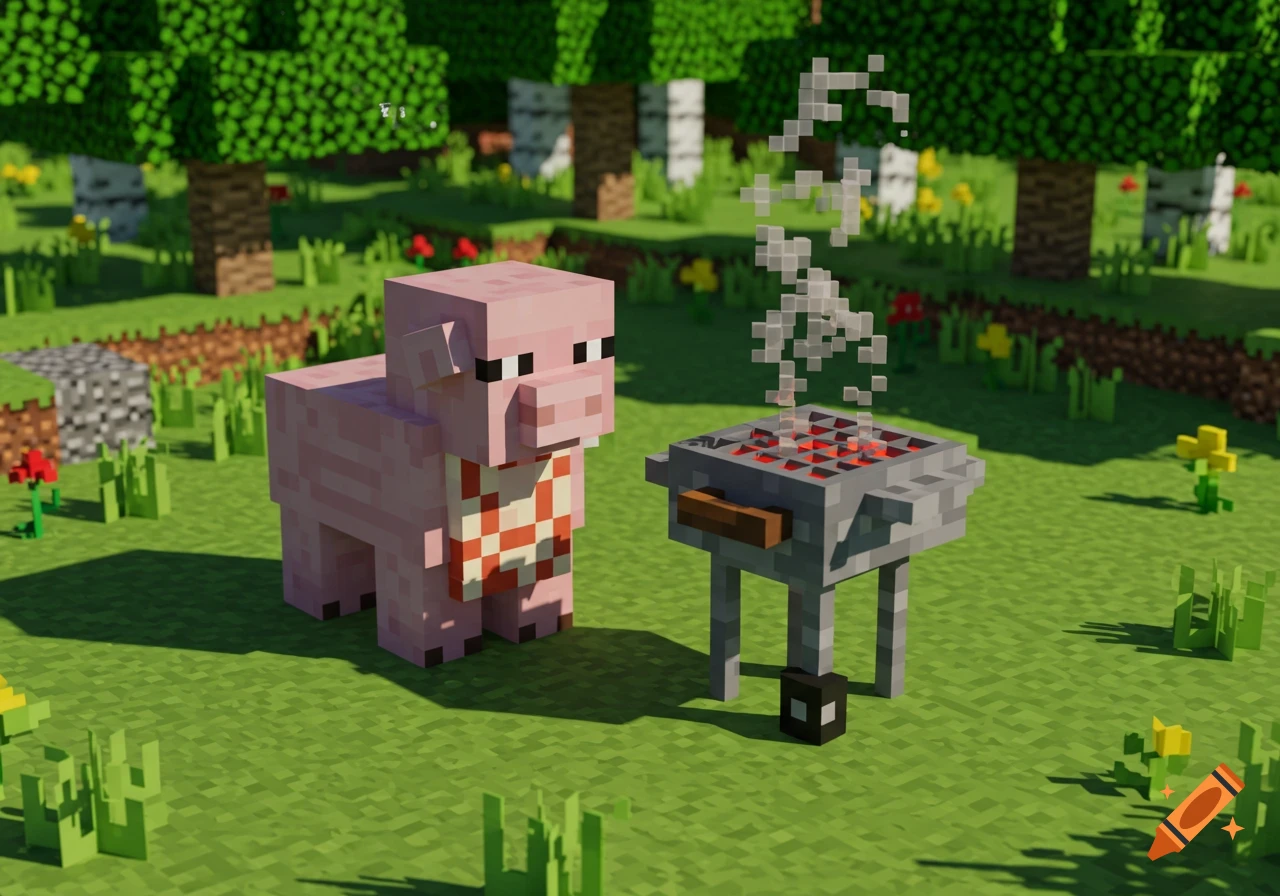 A pixelated Minecraft-style pig wearing a checkered apron stands beside a smoking barbecue grill in a grassy field.