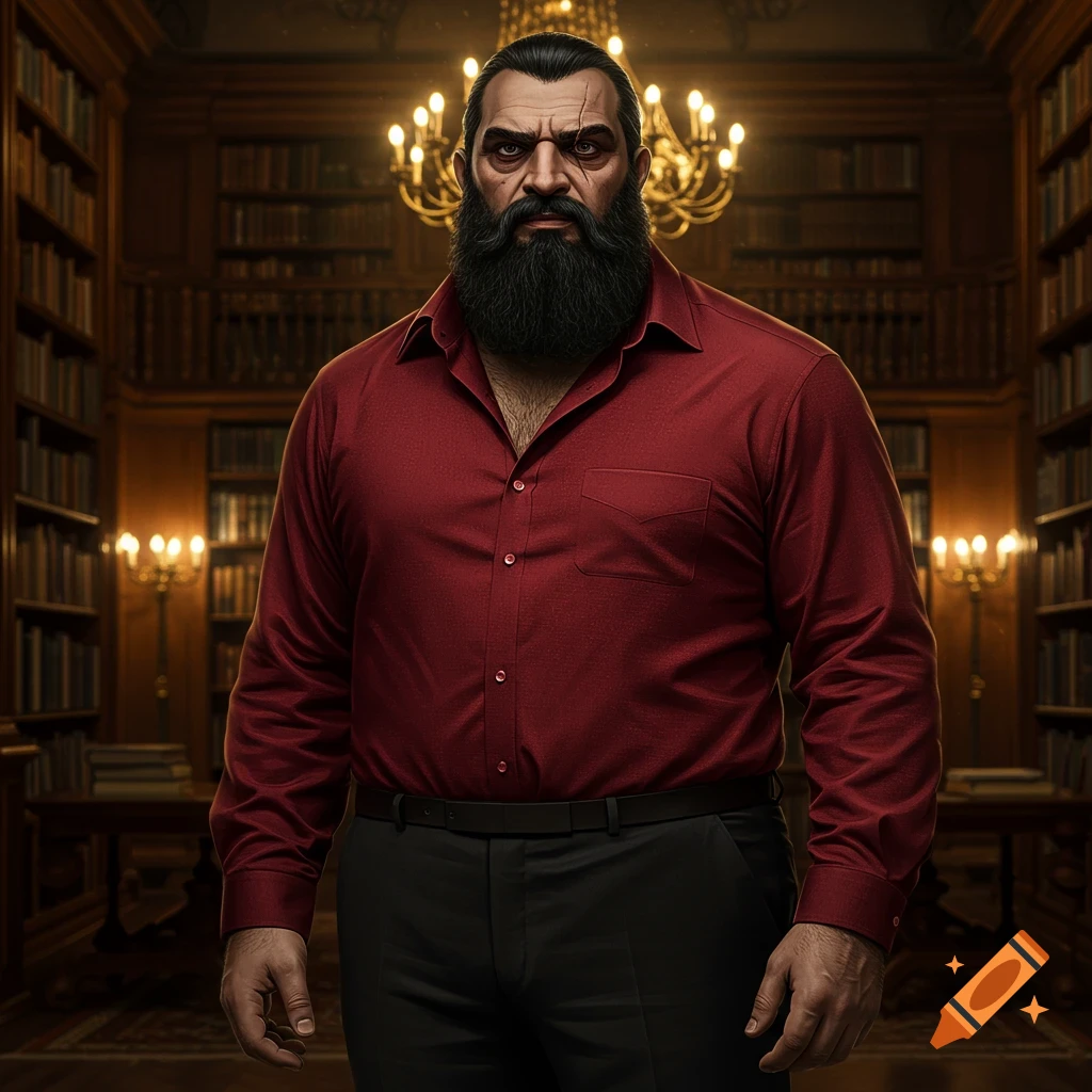 A large, olive-skinned man with a long black beard and a scar over his eye stands in a library, wearing a red dress shirt and black pants.
